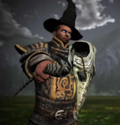The Necrobane scepter held in the hand